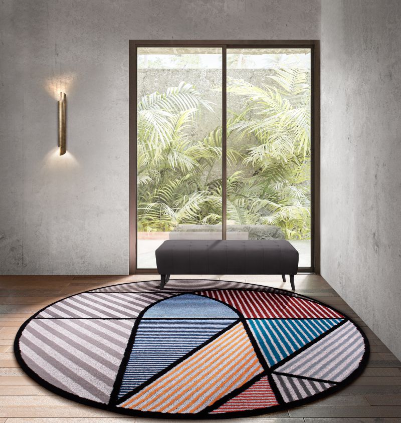 Colorful hallway with a round geometric rug