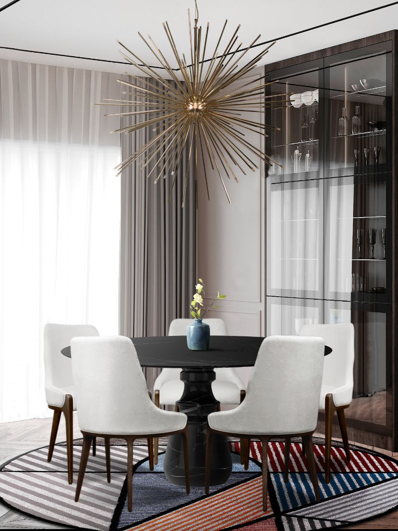 rug inspirations: modern contemporary dining room with round geometric rug in several colors