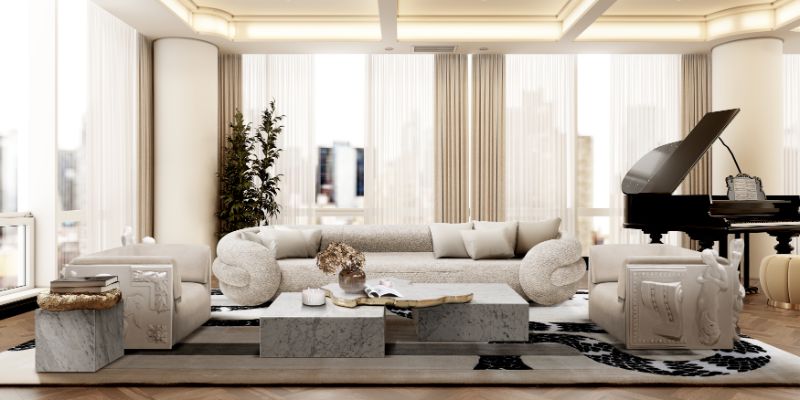 Silk Rugs: modern classic living room with neutral beige area rug