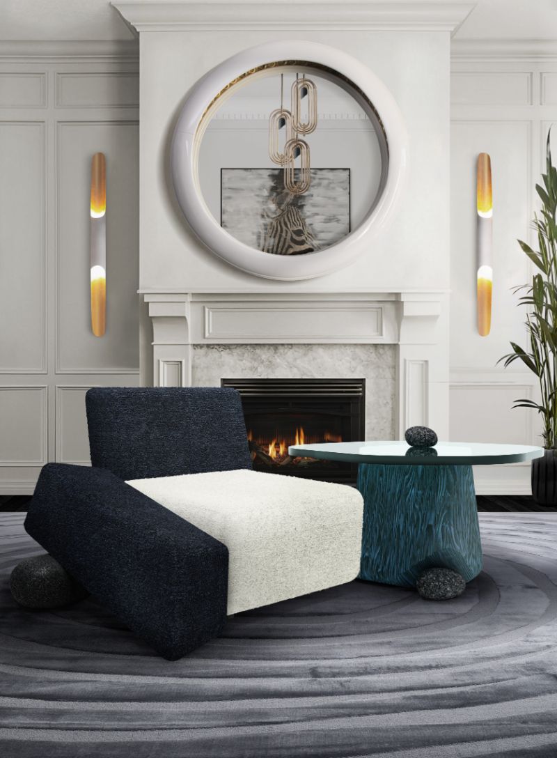 Silk Rugs: blue area rug for the living room with armchair and wall lights