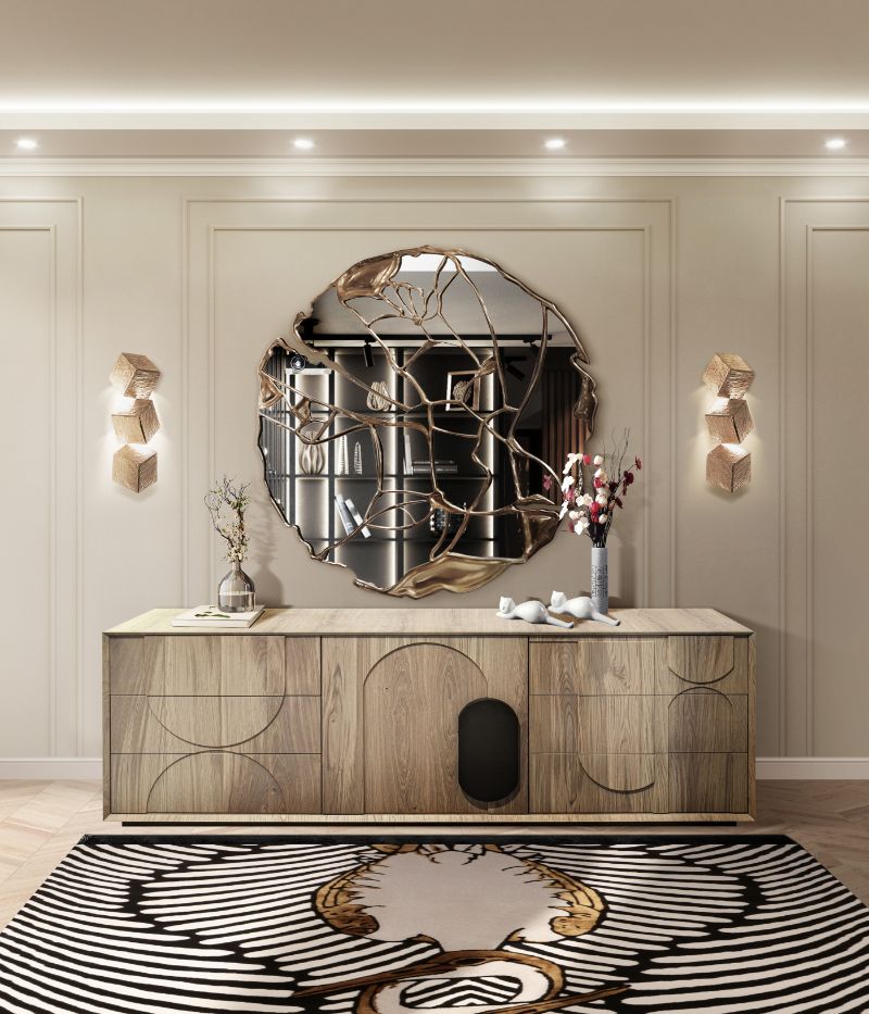 Silk Rugs. modern black and white rug with wooden console and round mirror.