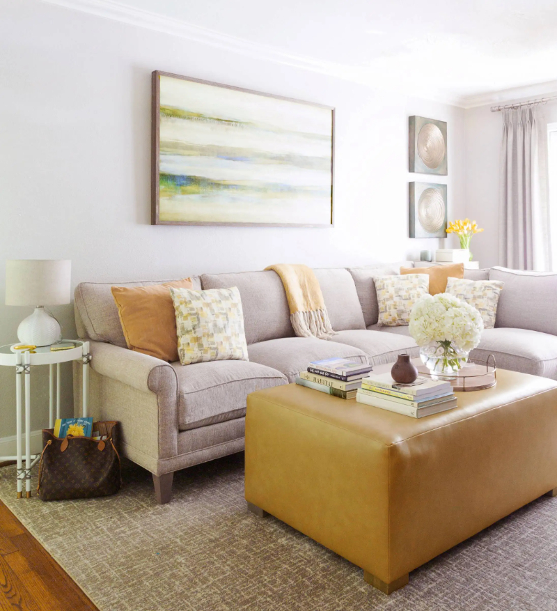 Rug Design Inspiration by Karen Davis. This living room furniture has round corners so it's safe for the kids.