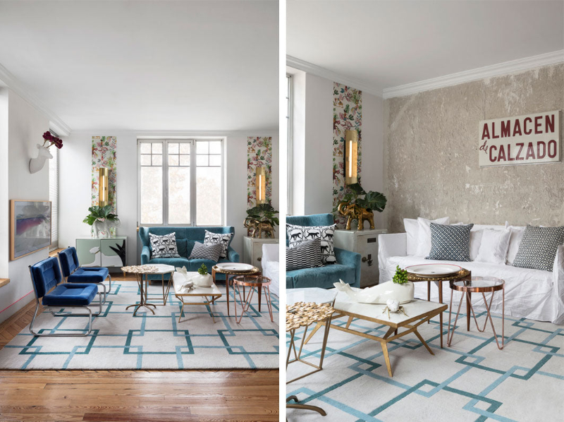 Living room by Guille García Hoz with blue and white sofas, blue armchairs, white and blue rug