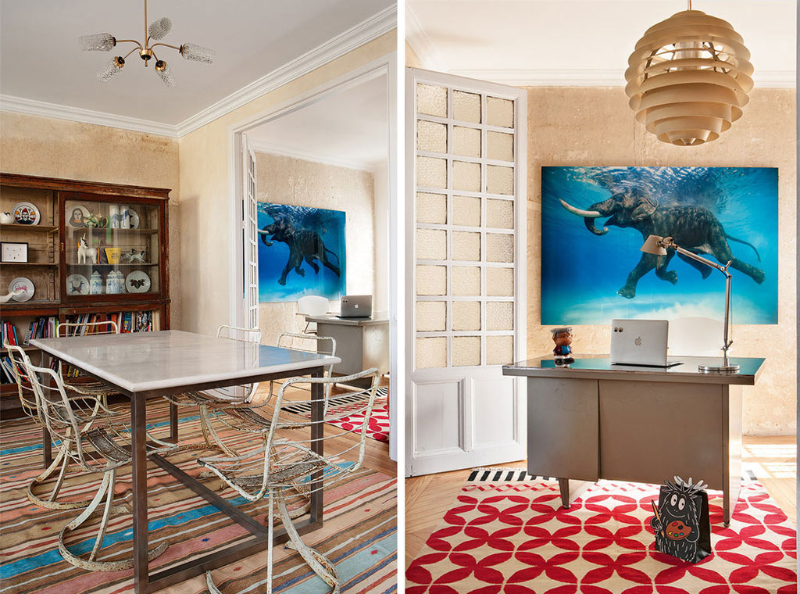 dining room and office by Guille García Hoz with red rug, white table and chairs and beige lamp