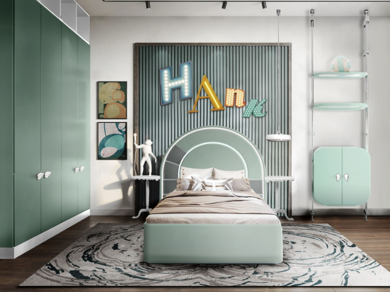 bedroom by rug'society with grey and green rug and green cabinets and headboard