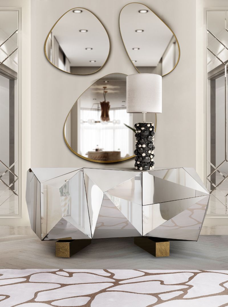 Neutral Area Rugs for hallway with silver console and round mirrors with neutral rug