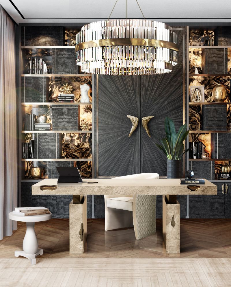 Neutral Area Rugs within a home office that relfects luxury and sophistication