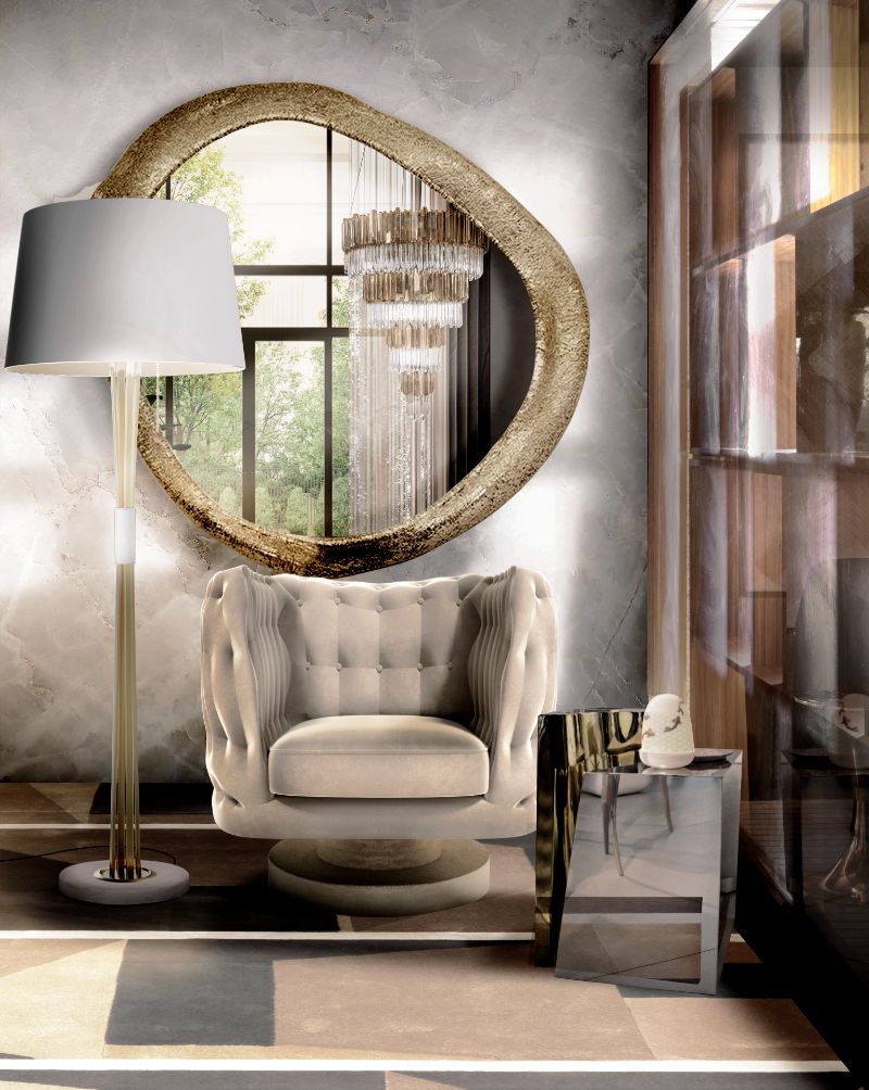 Neutral Area Rugs for reading corner with a mid-century armchair and round golden brass mirror