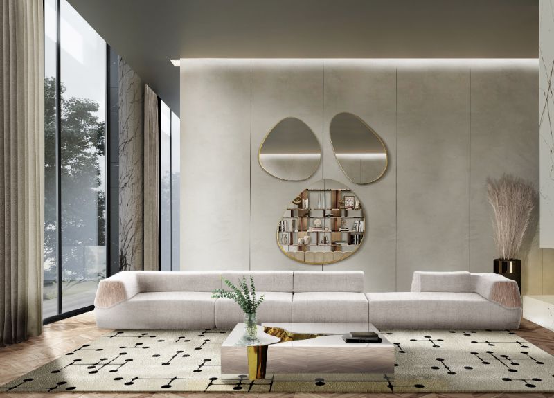 Neutral Area Rugs for a large living room with a center table and sofa.