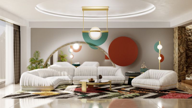 Geometric Rugs with black and white rug and white sofa.