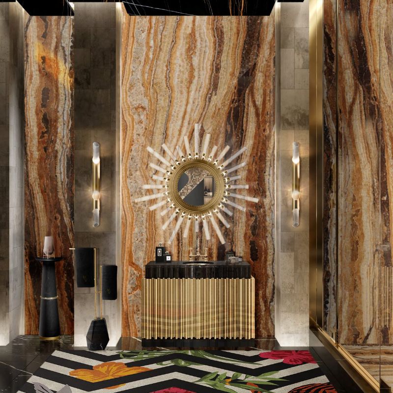 rug ideas for bathroom decor with modern rug with a pop of color