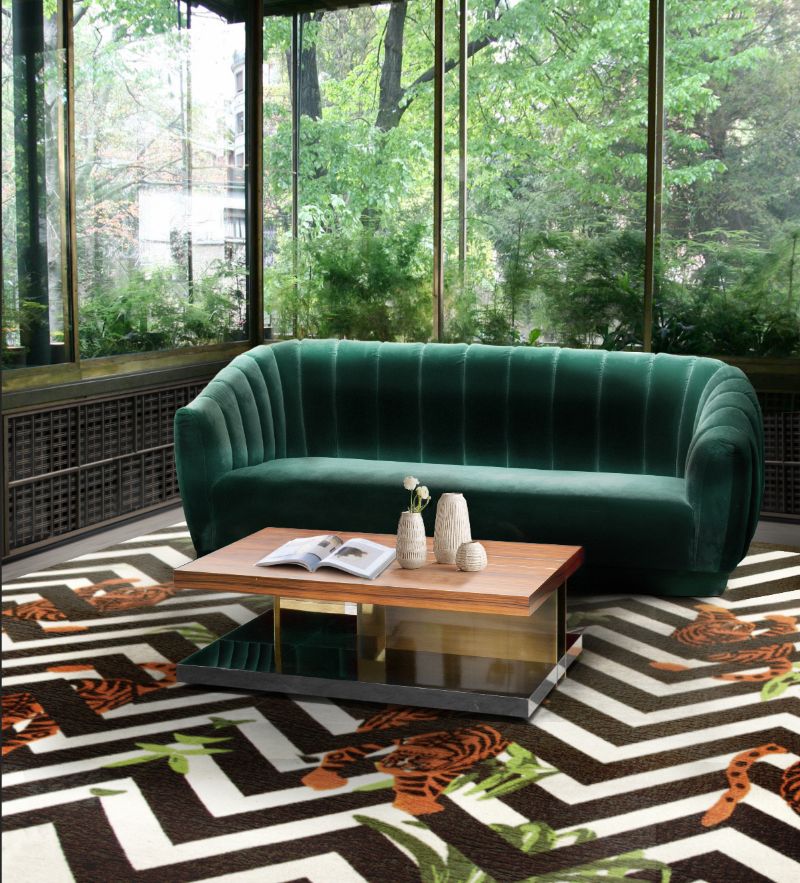 rug ideas for living room with modern rug and tiger design and with dark green sofa
