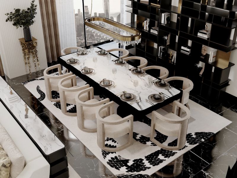 dining room rug ideas for a new york apartment with black and beige hues.