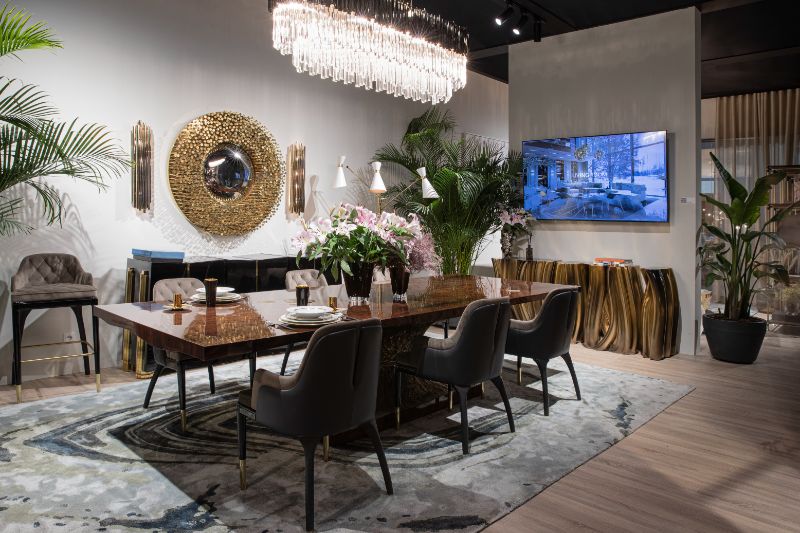 The Latest Home Decor Ideas From Salone Del Mobile. Modern dining room decor with blue rug.