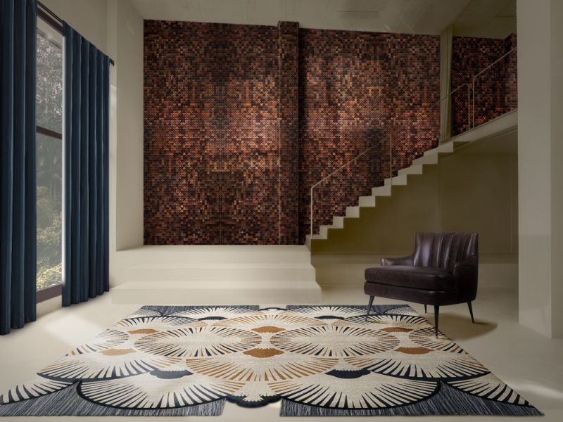 Modern contemporary interior design with blue and orange area rug for hallway