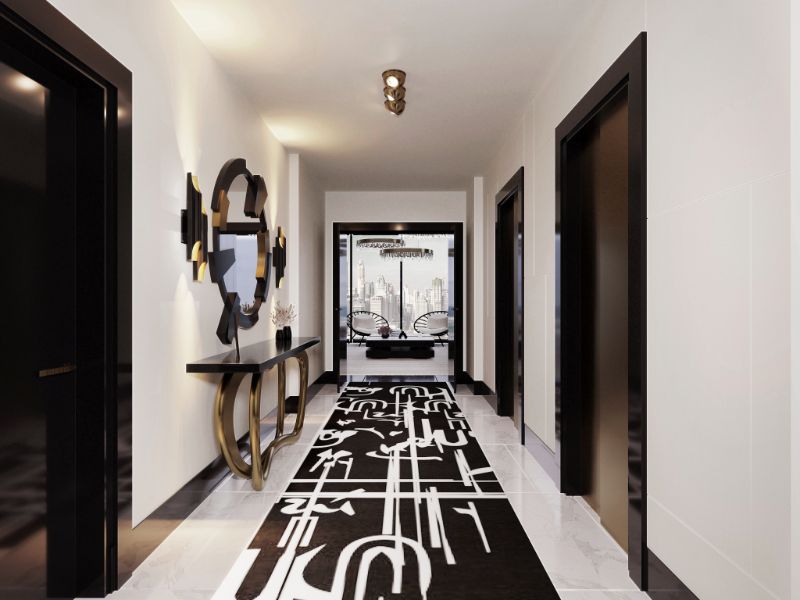 modern hallway interior design with black and white runner rug.