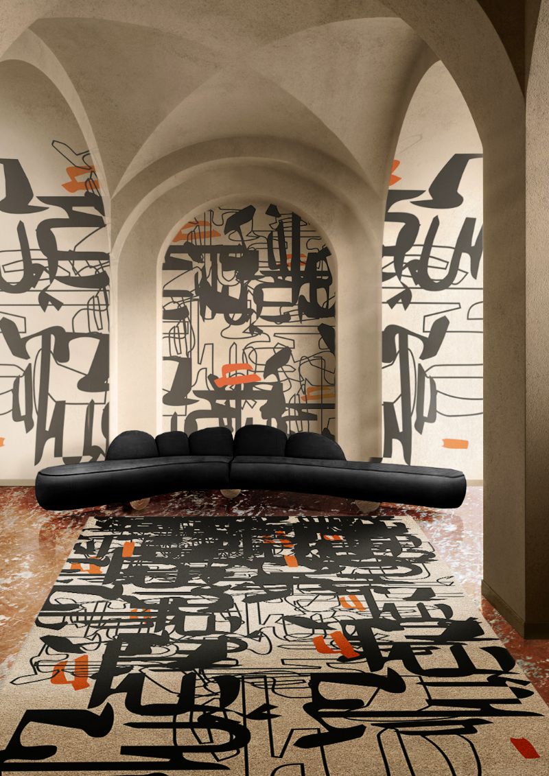 modern contemporary interior design with runner rug inspired by the art of tattoo