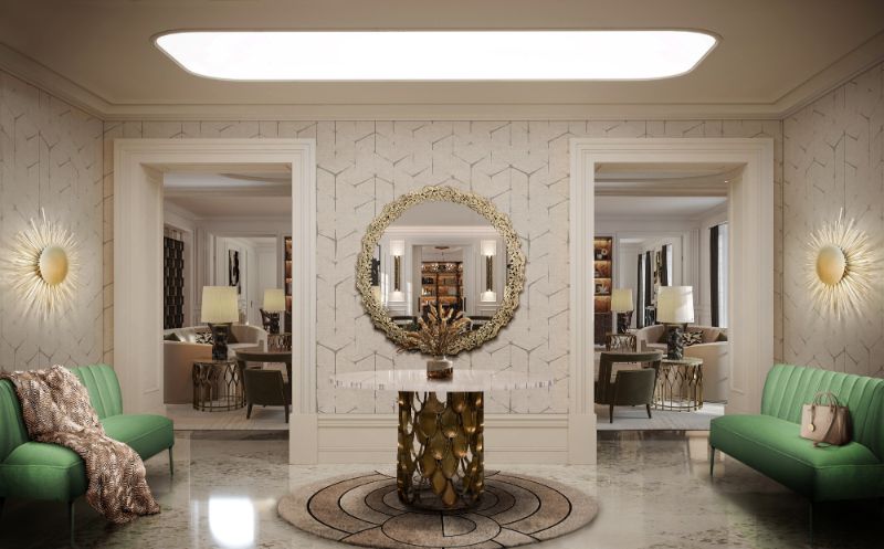 modern classic interior design with round gray rug and round table made of brass and with glass top and golden mirror