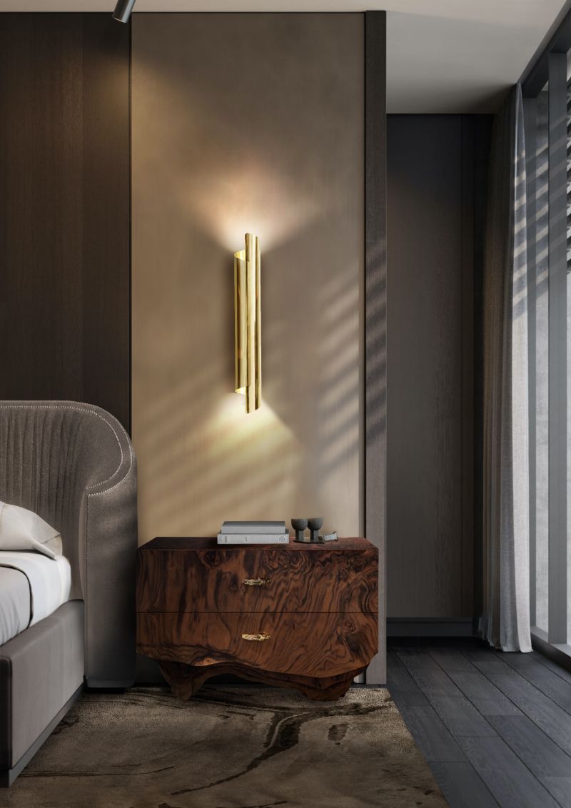 bedroom decorating ideas with earthy tones, a brown area rug and side table in a modern contemproary bedroom decor