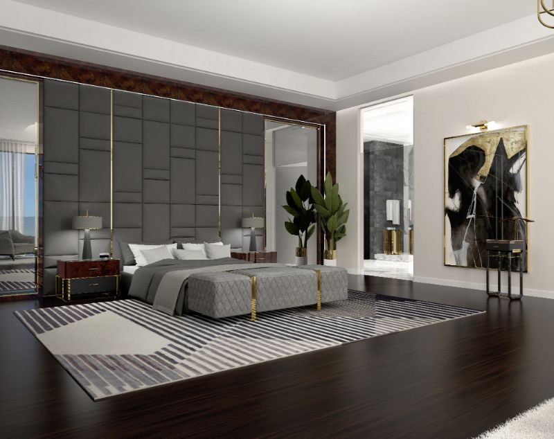 bedroom decorating ideas with gray area rug with a geometric design for monochrome bedroom design