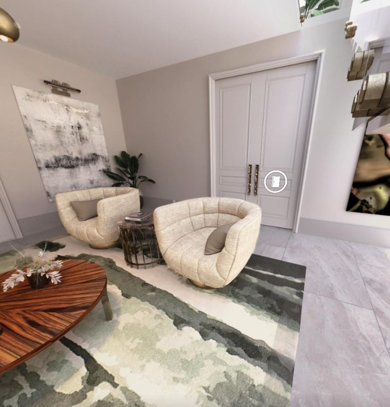 Home'Society Virtual Showroom - Featuring The Most Luxury Rugs, contemporary living room with with green rug and armchairs in beige