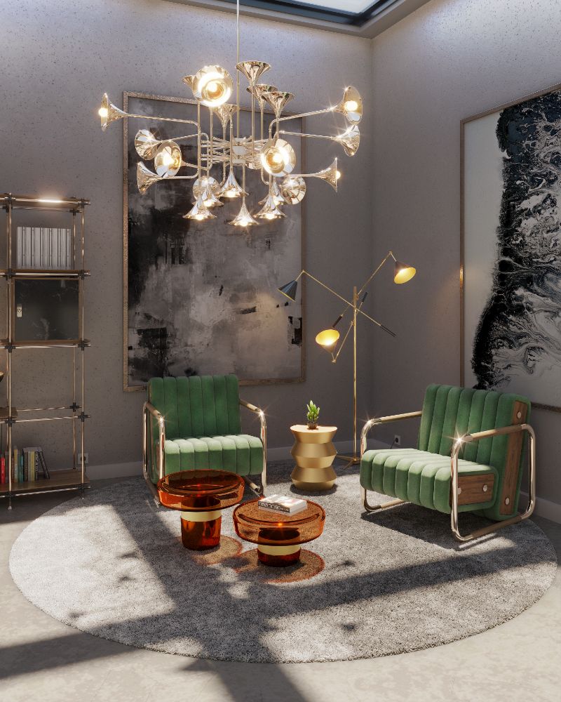 The Most Popular Living Room Area Rugs This Year with gray area rug and midcentury armchairs.