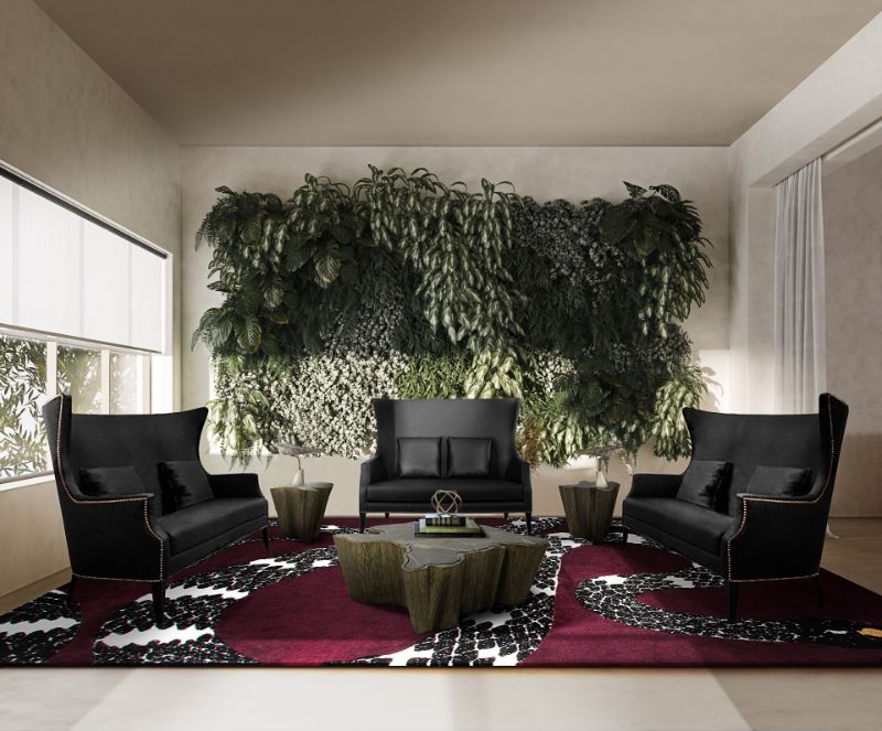 The Most Popular Living Room Area Rugs This Year. Burgundy area rug with biophilic design