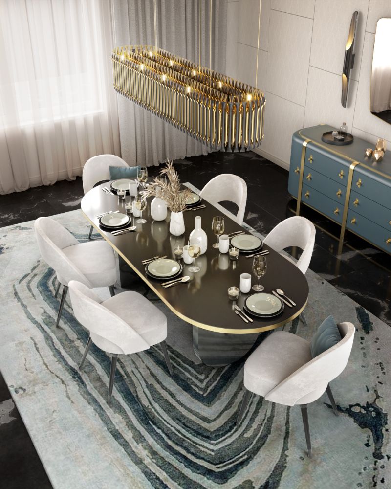 dining room rug with blue hues for midcentury dining room