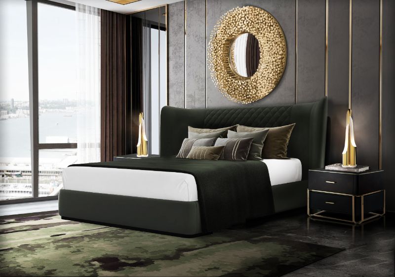 bedroom rugs with green an golden round mirror above the bed