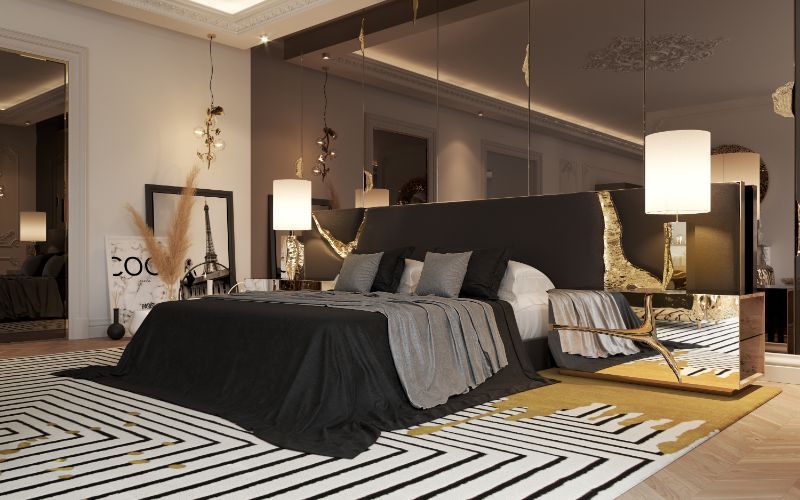 bedroom rugs with classic design with golden tones and black and white.