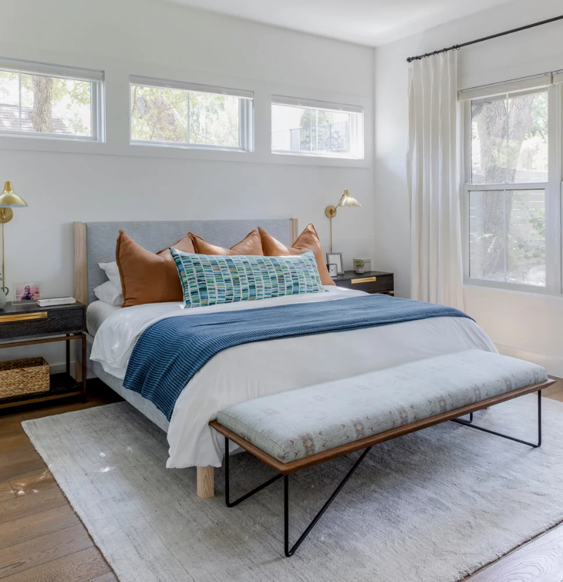 BANDD DESIGN: Rug Design Inspiration. A bedroom with a grey-toned rug under the bed.