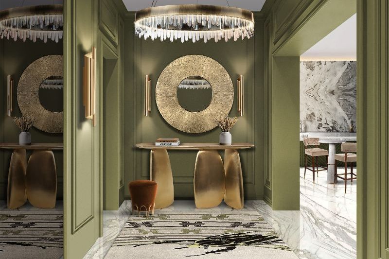 hallway decorating ideas with golden hues and long runner rug in neutral hues