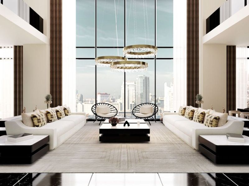 well as useful and livable. The large WHITE GARDEN RUG with its light beige tones combined with the Modern Suspension Lights creates a bright and cheerful luxurious interior design.luxurious interior design