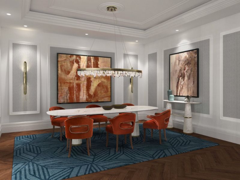 For a eclectic contemporary and luxurious interior design, you can choose a colorful rug such as the CAUCA RUG with a geometric design and paired it with the NAICCA OVAL SUSPENSION LIGHT and some red dining chairs. This contemporary oval suspension light can enhance any home décor while creating a bold and tranquil mood.