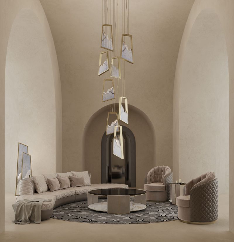 This is a dashing living room interior design with the KOI ROUND RUG which pattern was inspired by the fish of the same name. luxurious interior design