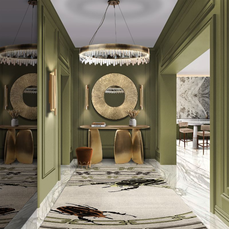 Runner Rugs For Hallways With An Elegant Flair. Golden hallway decor with runner rug with nature-inspired elements and golden console and supsension lighting
