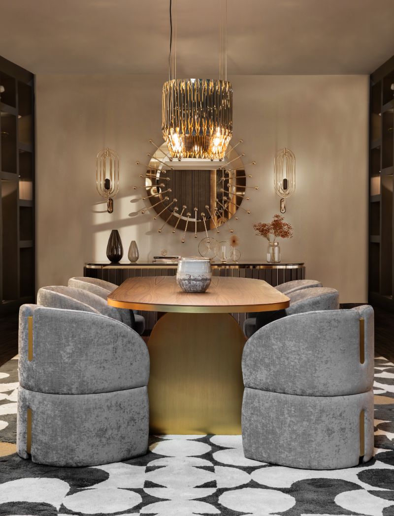 This is a luxurious mid-century dining room with the YARSA rug and curved elements suce as the dining chairs and oval dining table.