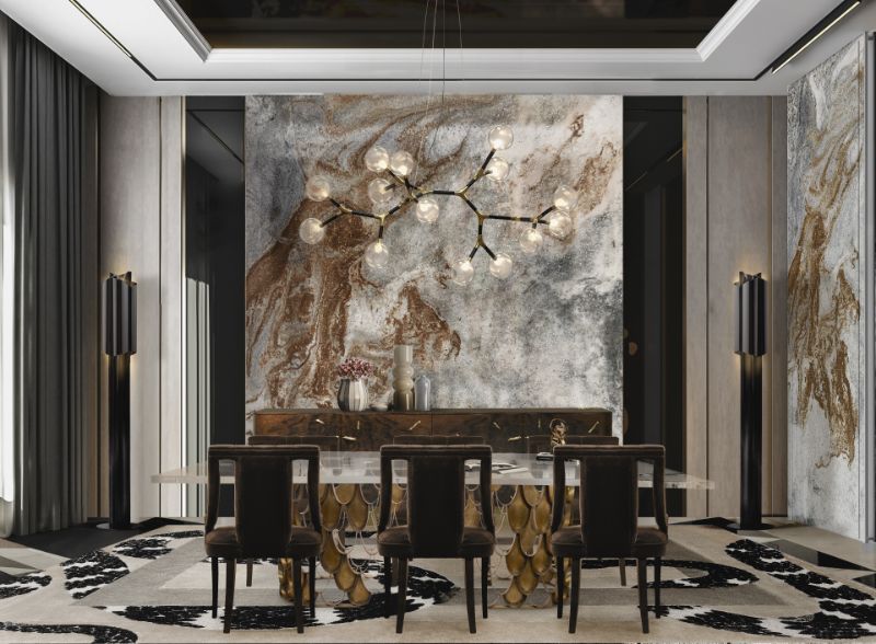 a more somber look, this dining room design is ideal with furniture made of oak and velvet dining chairs. The earthy tones of this room, remind us of nature,