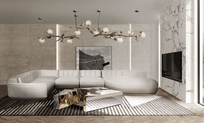Make a statement with a modern contemporary living room design. The geometric AIR RUG has a monochromatic color scheme that matches nicely with the white MILENIA Luxurious sofa.