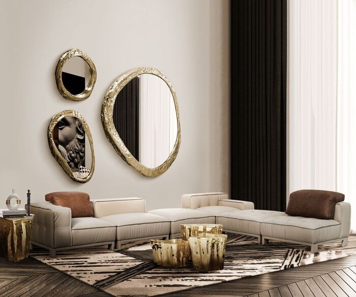 A sophisticated living room with the XISTO RUG and EXCELSA MODULAR SOFA. This home decor radiates luxury with the golden details and luxurious materials
