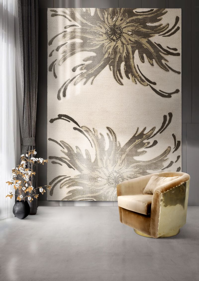 This living room corner reflects nature with the NEPTUNO RUG hanging on the wall with its green floral design and the EARTH ARMCHAIR. Our Top 6 Favorite Modern Rugs of Summer 2022