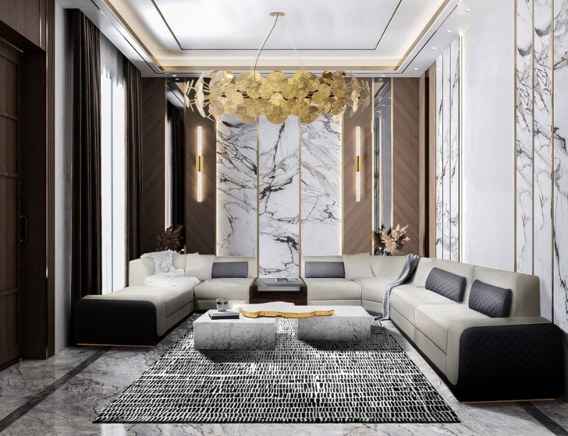 contemporary living room with monochrome modern rugs and gray sofas.