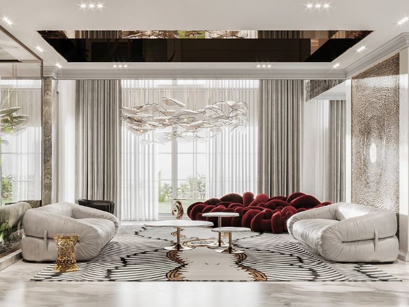 modern rugs This exquisite modern contemporary living room has the fantastic COUPLE RUG decorating it. A lovely design in black and white with a pinch of brown to add some accent to the rug.