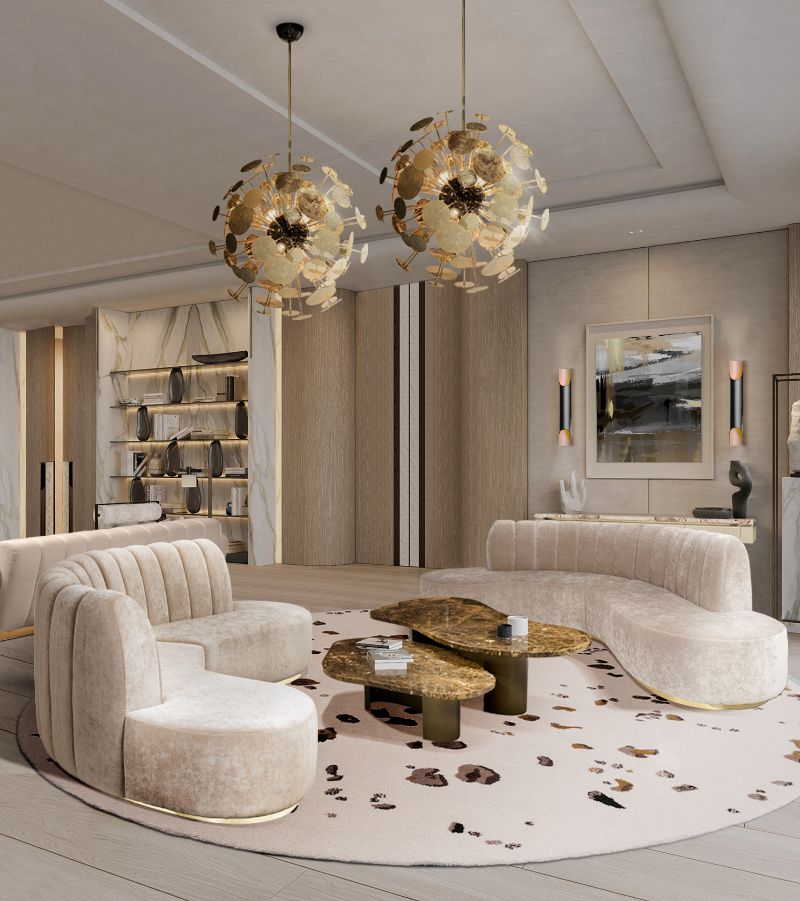 modern rugs: Contemporary living room with white round rug and cuved sofas