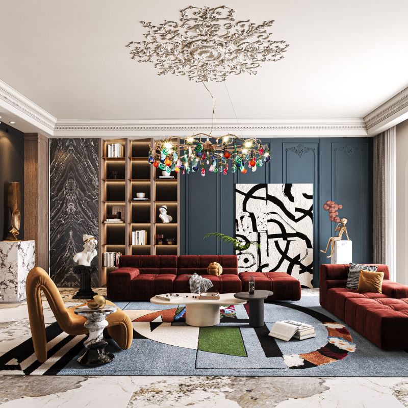 8 Ideas on Living Room Designs For 2023. Blue geometric rug for contemporary living room with red sofa and brown and orange armchairs