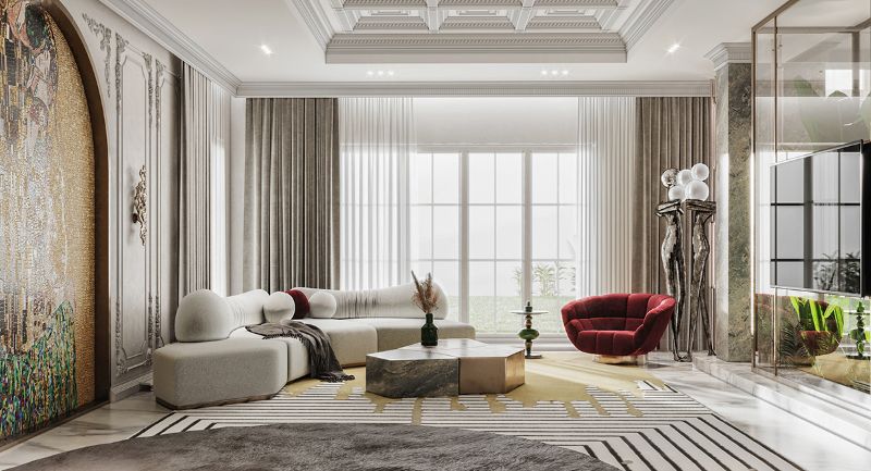 8 Ideas on Living Room Designs For 2023, Contemporary living room with sleek furniture and vibrant rug