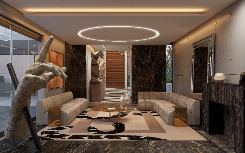 8 Ideas on Living Room Designs For 2023. Contemporary living room with beige rug and furniture for a mid-century design