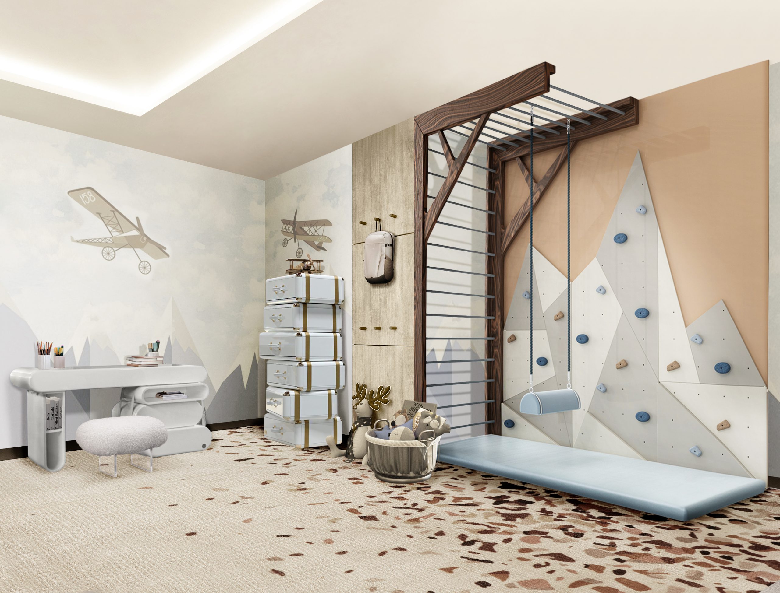 Interior Design Trends For 2023 With New Trend Rooms Ebook. playroom for kids with neutral area rug and desk