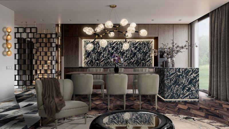 Leather furniture is such a great option for a dining room. besides the dining room you can add the METAMORPHOSIS RUG.